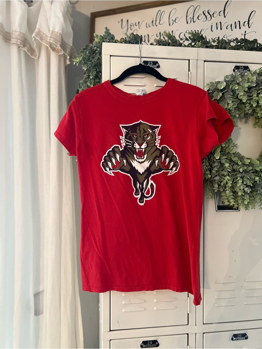 Red Graphic Tee with Panthers Hockey Design